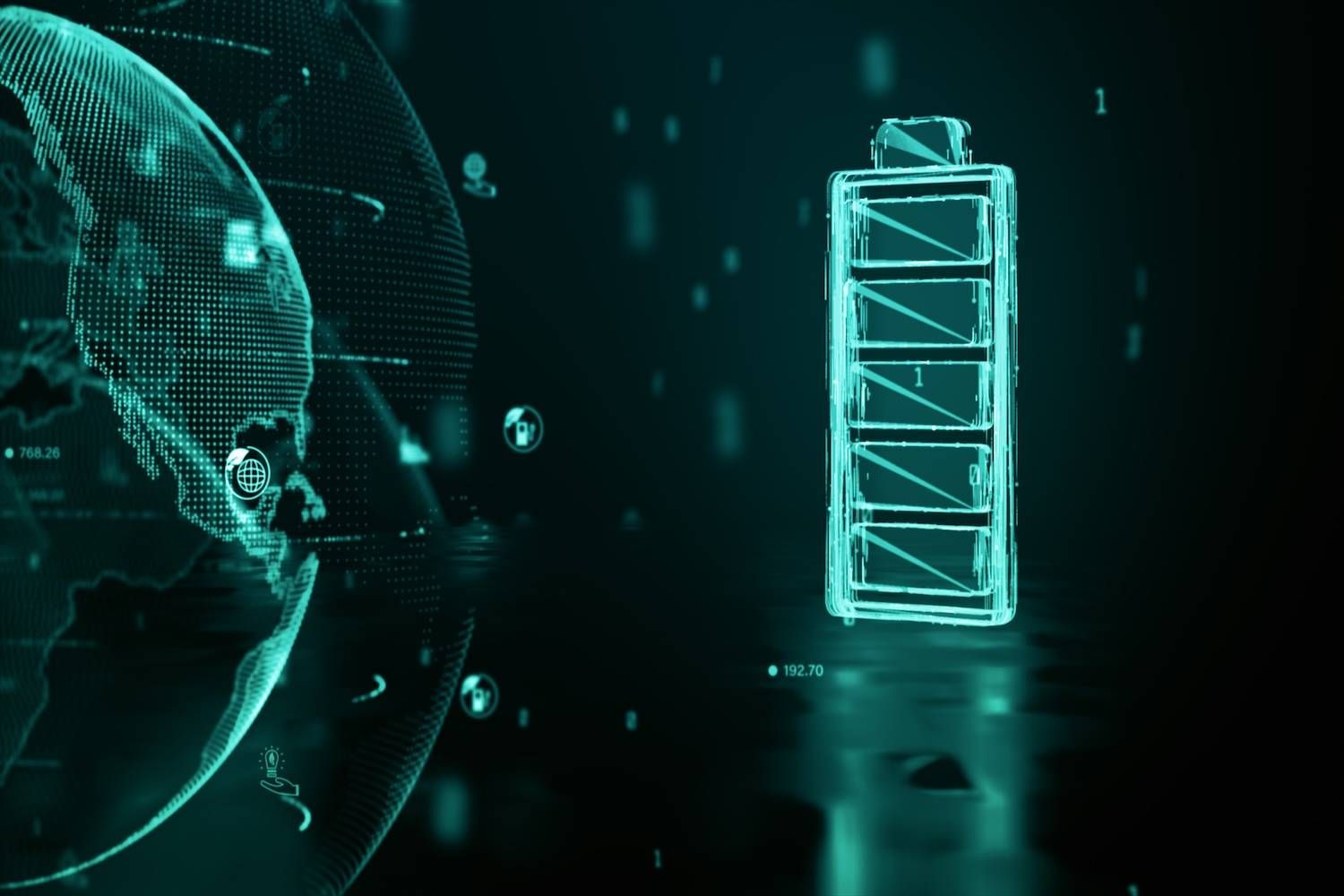 Digital globe and holographic battery icon on a dark background.