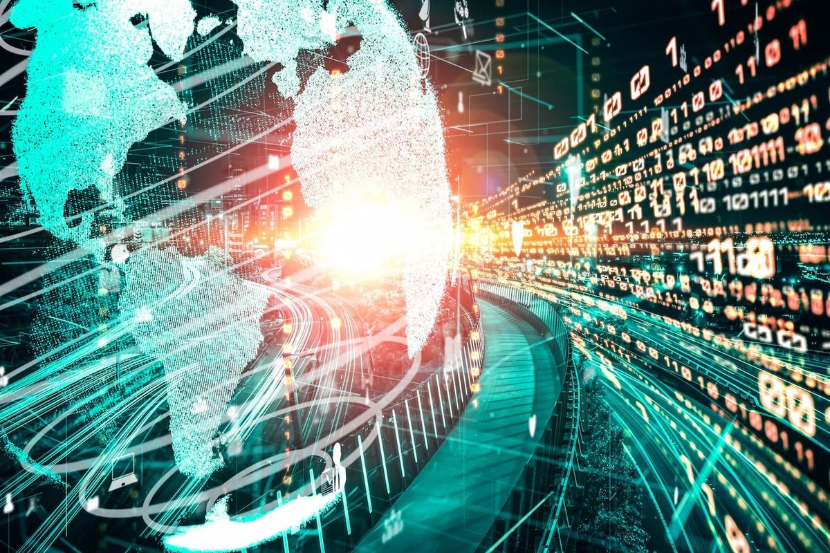 Digital globe merging with data streams and glowing lines, depicting global connectivity.