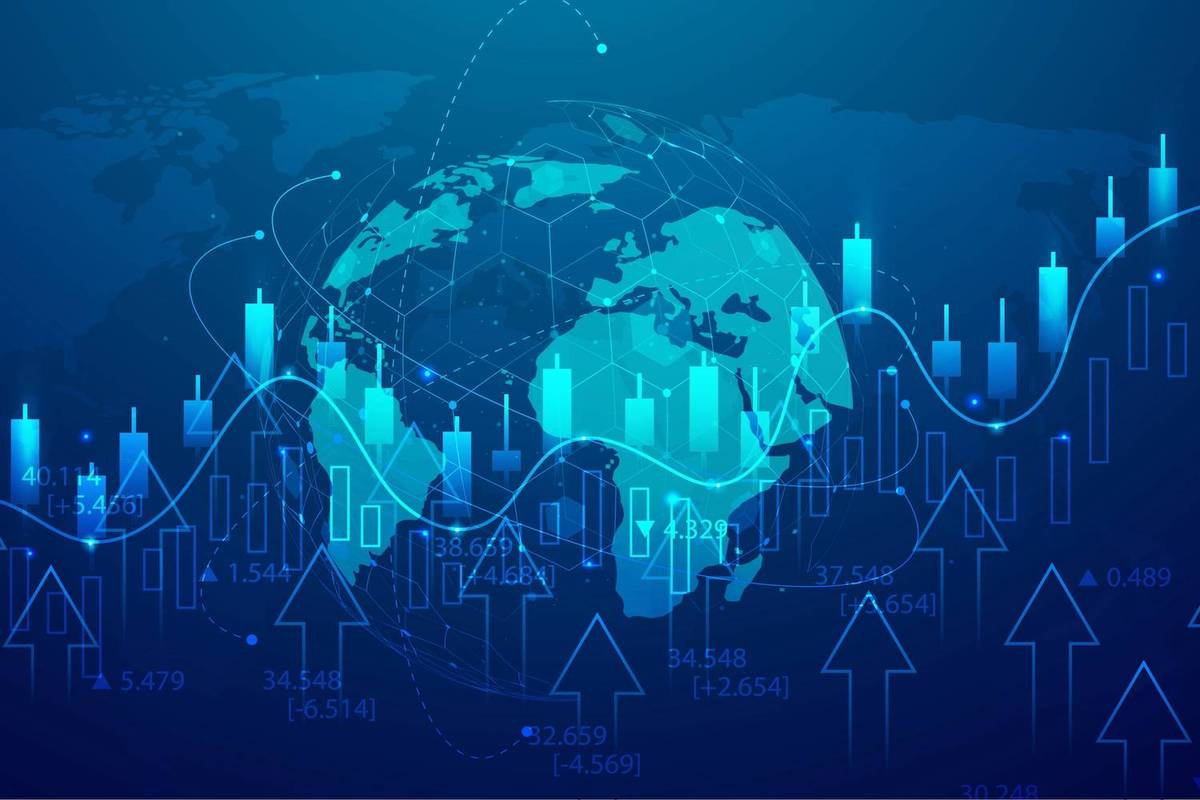 Digital globe with blue financial data graphs and arrows.