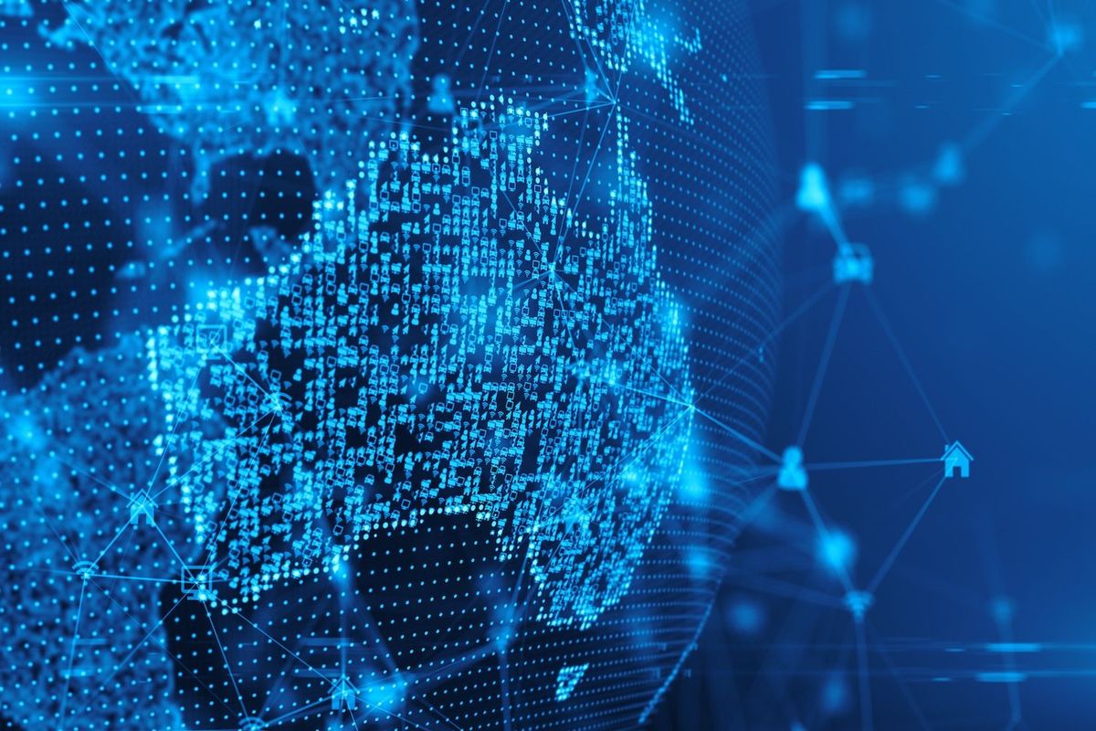 Digital globe with glowing blue patterns and network connections.