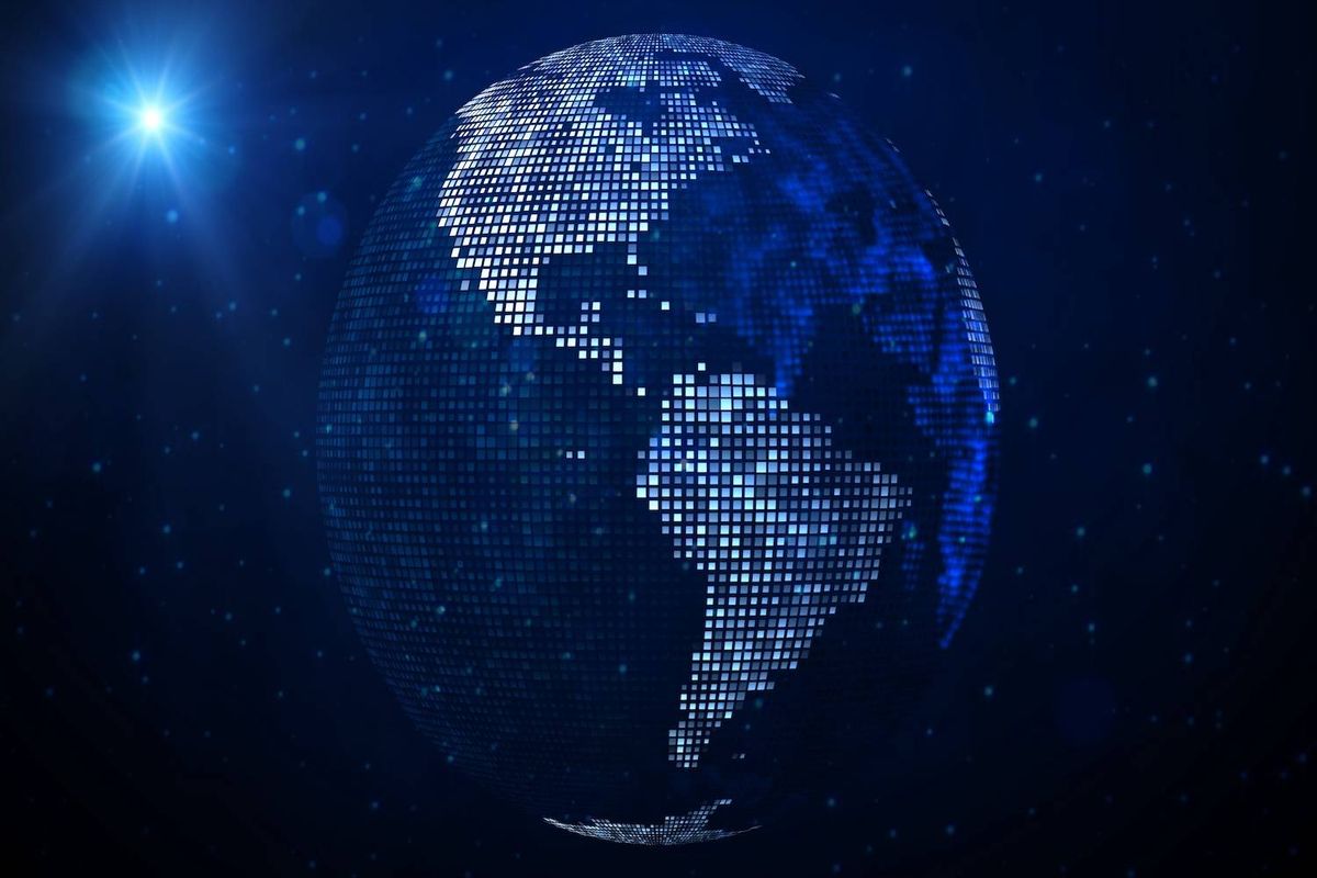 Digital globe with pixelated Earth, glowing in blue against a starry dark background.