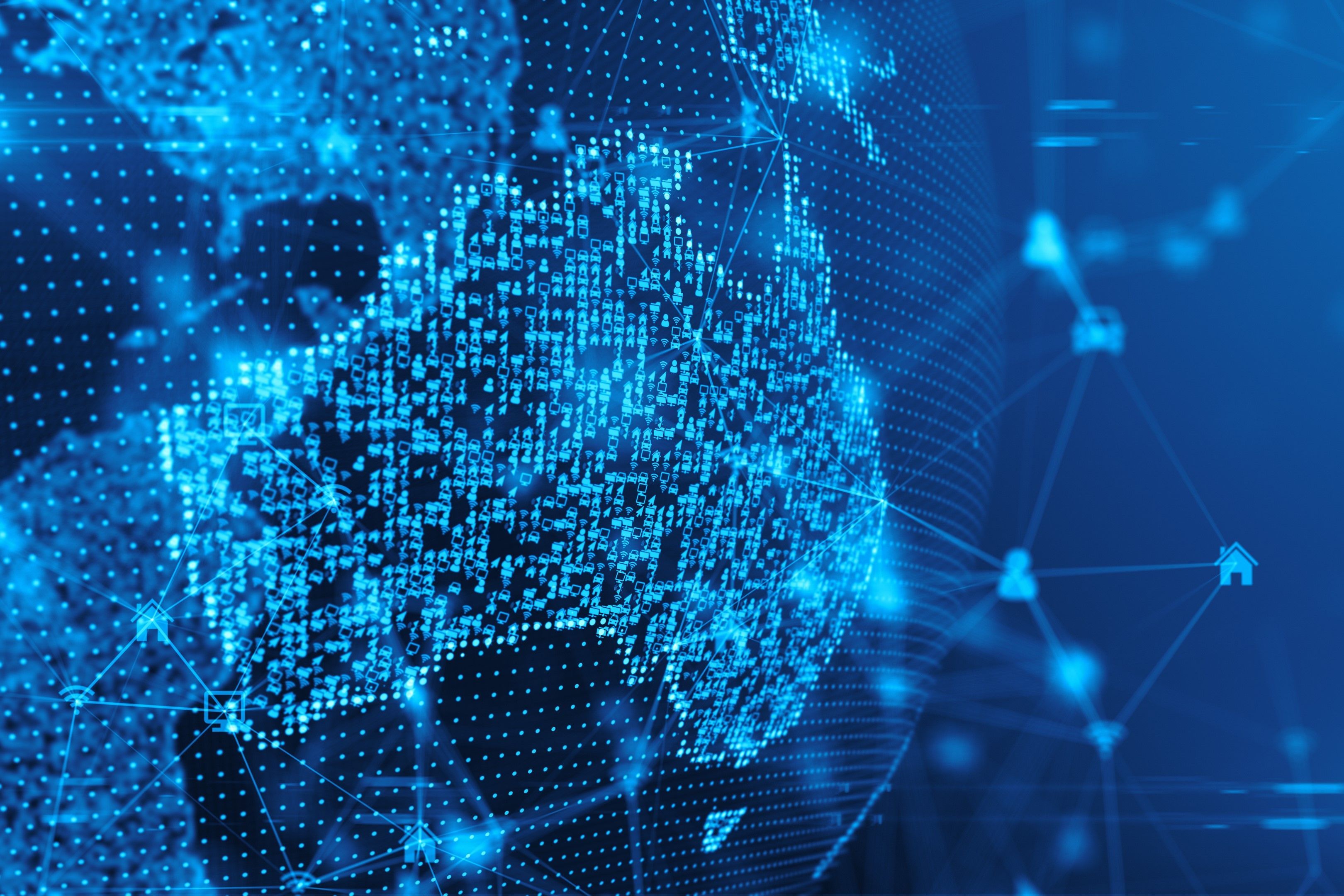 Digital globe zoomed in on Australia with symbols for cybersecurity, houses, cars and more around it.