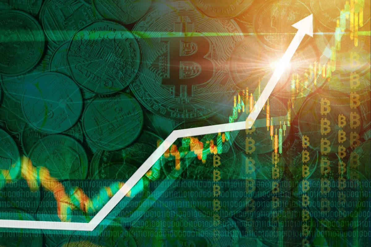 Digital graph with upward arrow overlays coins and Bitcoin symbols.