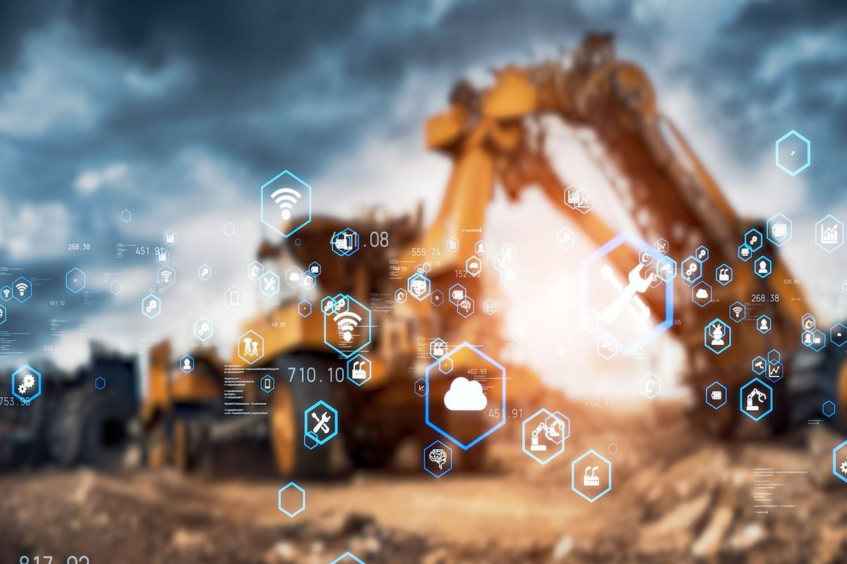 Digital hexagons overlay construction site with an excavator and cloudy sky in the background.