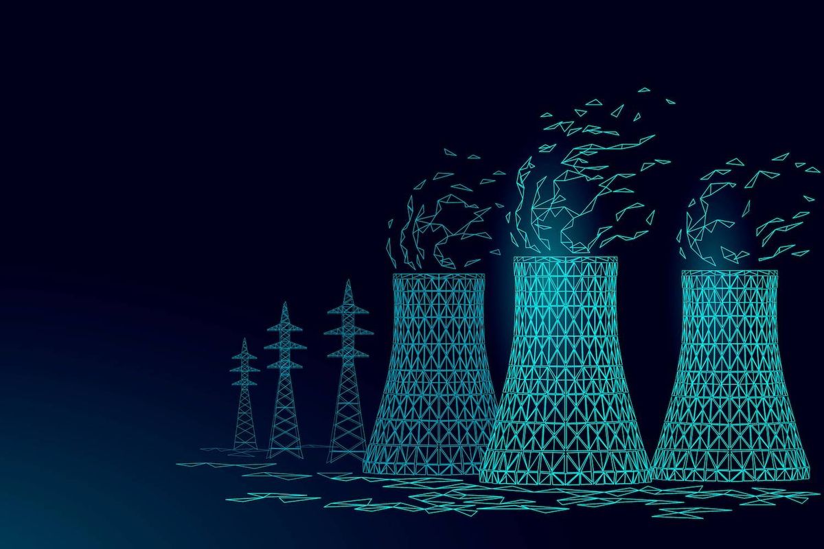Digital illustration of power plant towers and electric pylons on dark background.