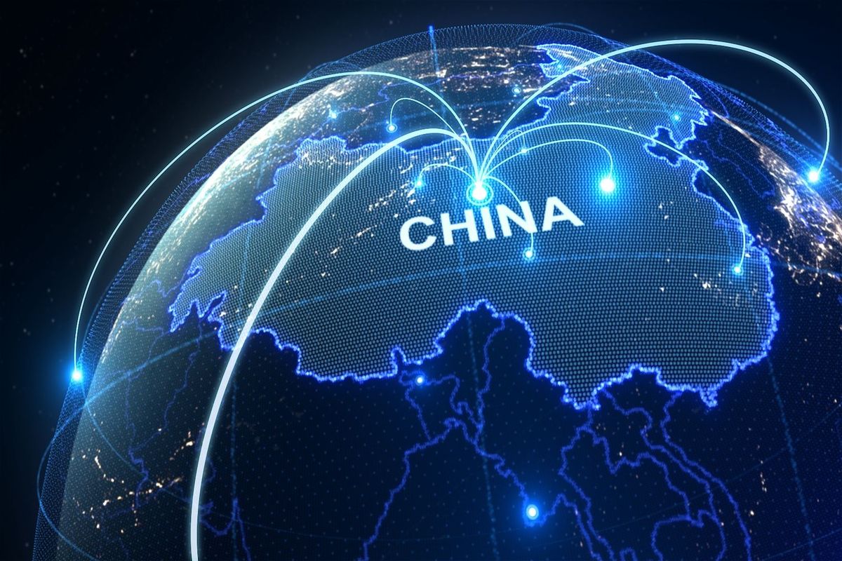 Digital map of China with network connections highlighted in blue.