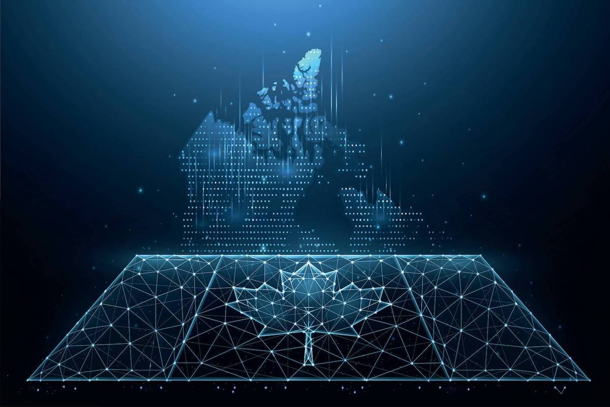 Digital maple leaf and network grid below a pixelated map outline against a dark blue background.