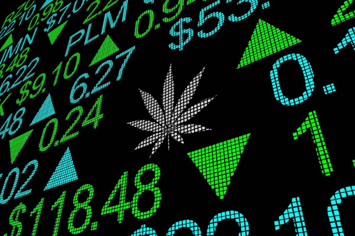 Digital stock market numbers and green upward arrows surround a white cannabis leaf on a black background.