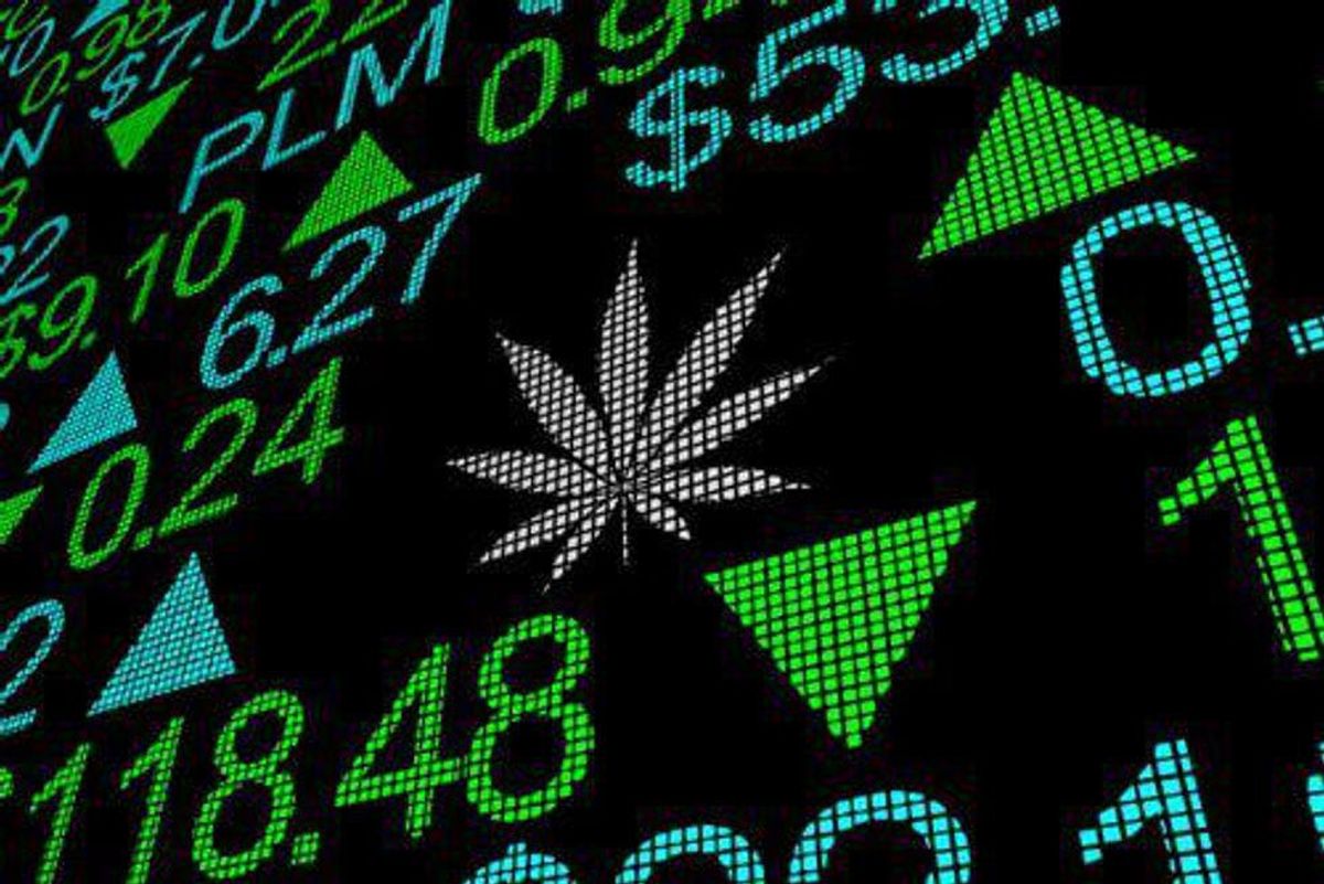 digital stock tickers with cannabis leaf