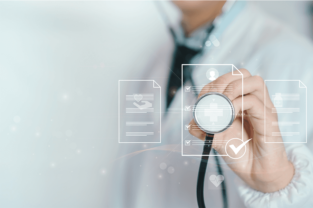 Doctor holding stethoscope over digital document interface