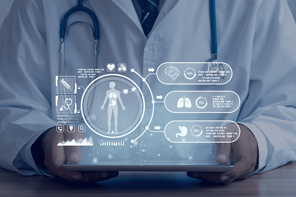 Doctor holds tablet displaying digital human body with health data, overlaid with medical icons.