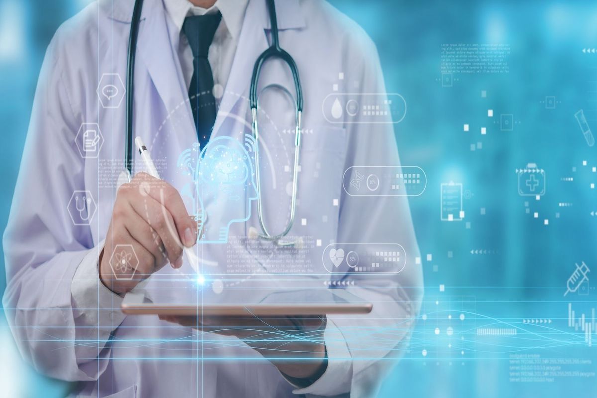 Doctor using a tablet with floating medical icons and holographic brain.