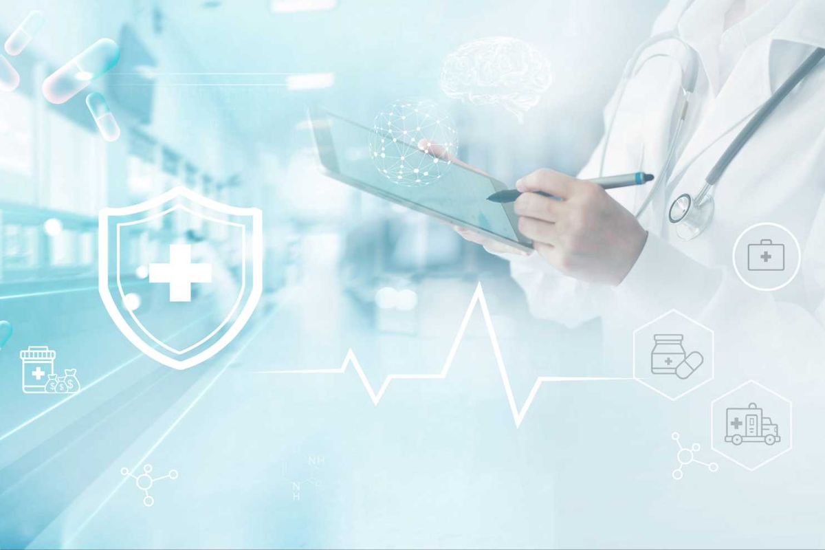 Doctor using tablet with medical icons overlayed.