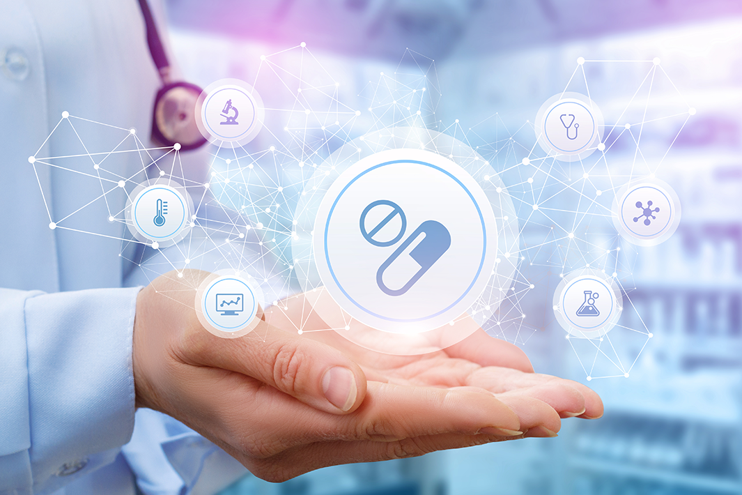 doctor with hands together, palms up below digital medical symbols