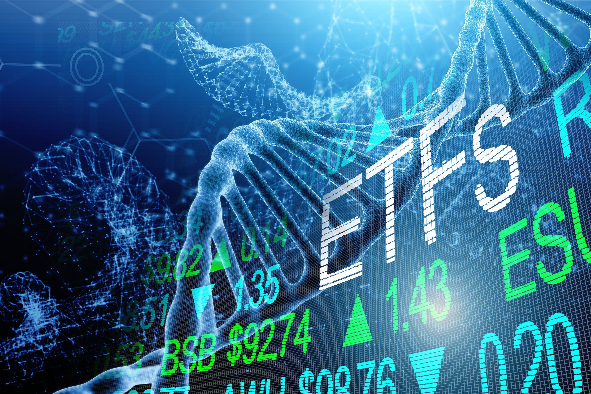 Double helix DNA with word "ETFs" and biotech stock tickers.
