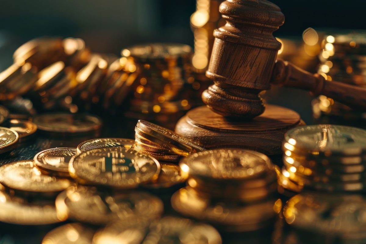 Dozens of Bitcoins beside a gavel.