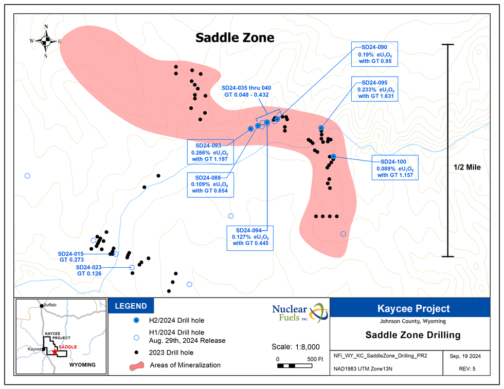 Drill holes at the Saddle Zone within Nuclear Fuel's Kaycee  project