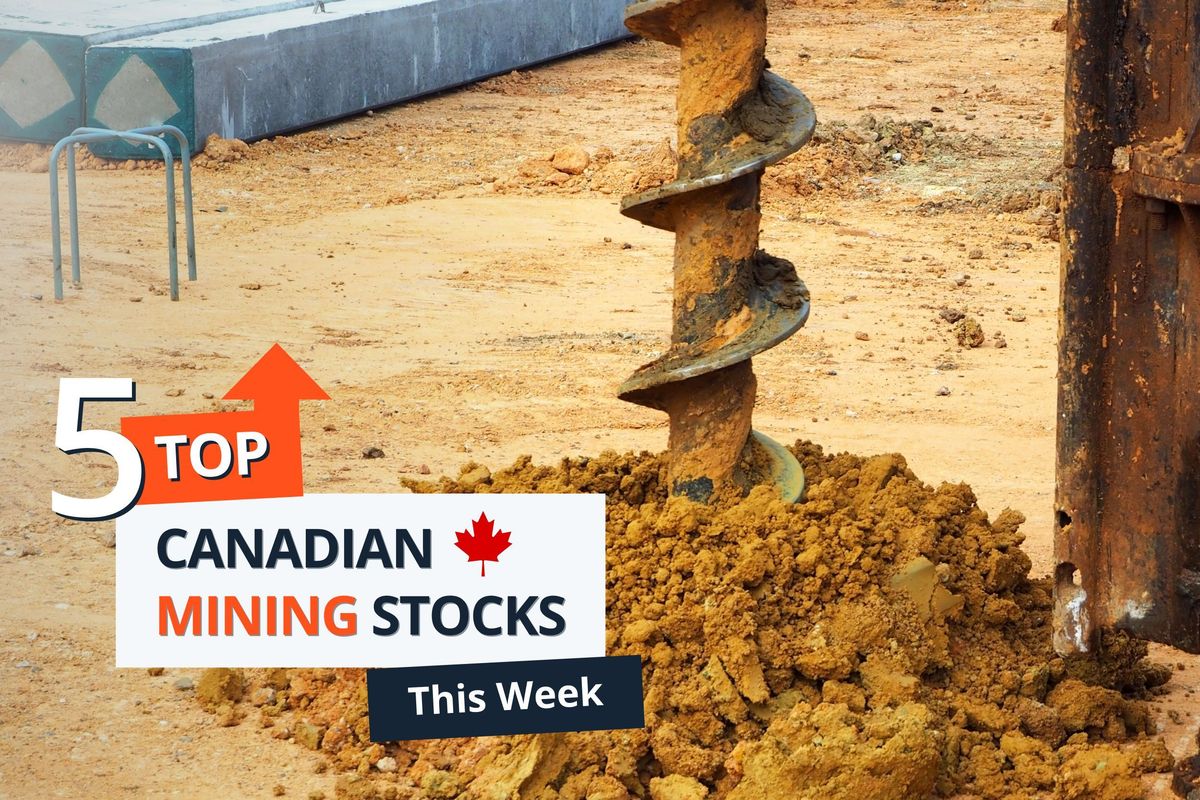Drill in dirt at mine site with "5 Top Canadian Mining Stocks This Week" text overlay.