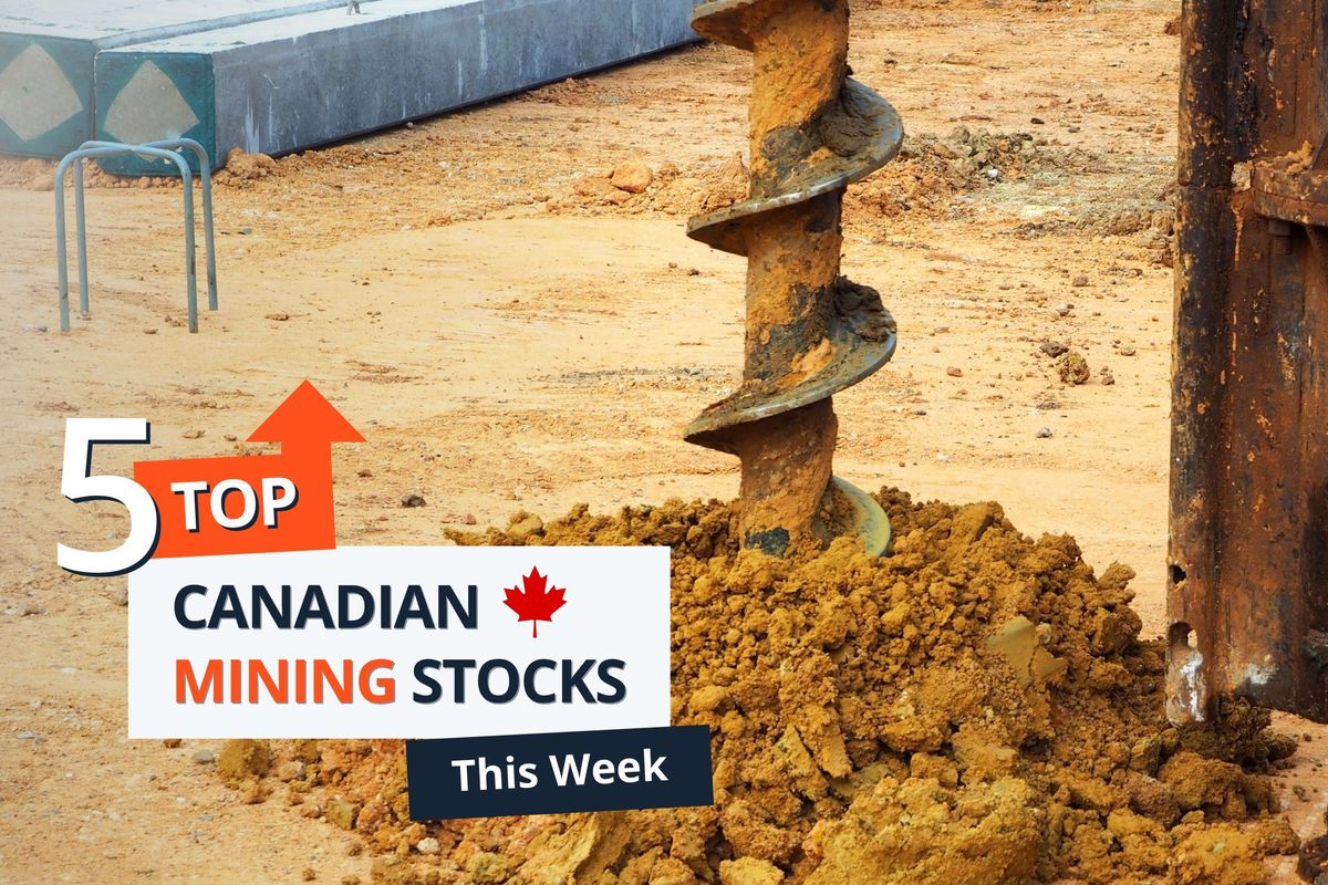 Drill in dirt at mine site with "5 Top Canadian Mining Stocks This Week" text overlay.