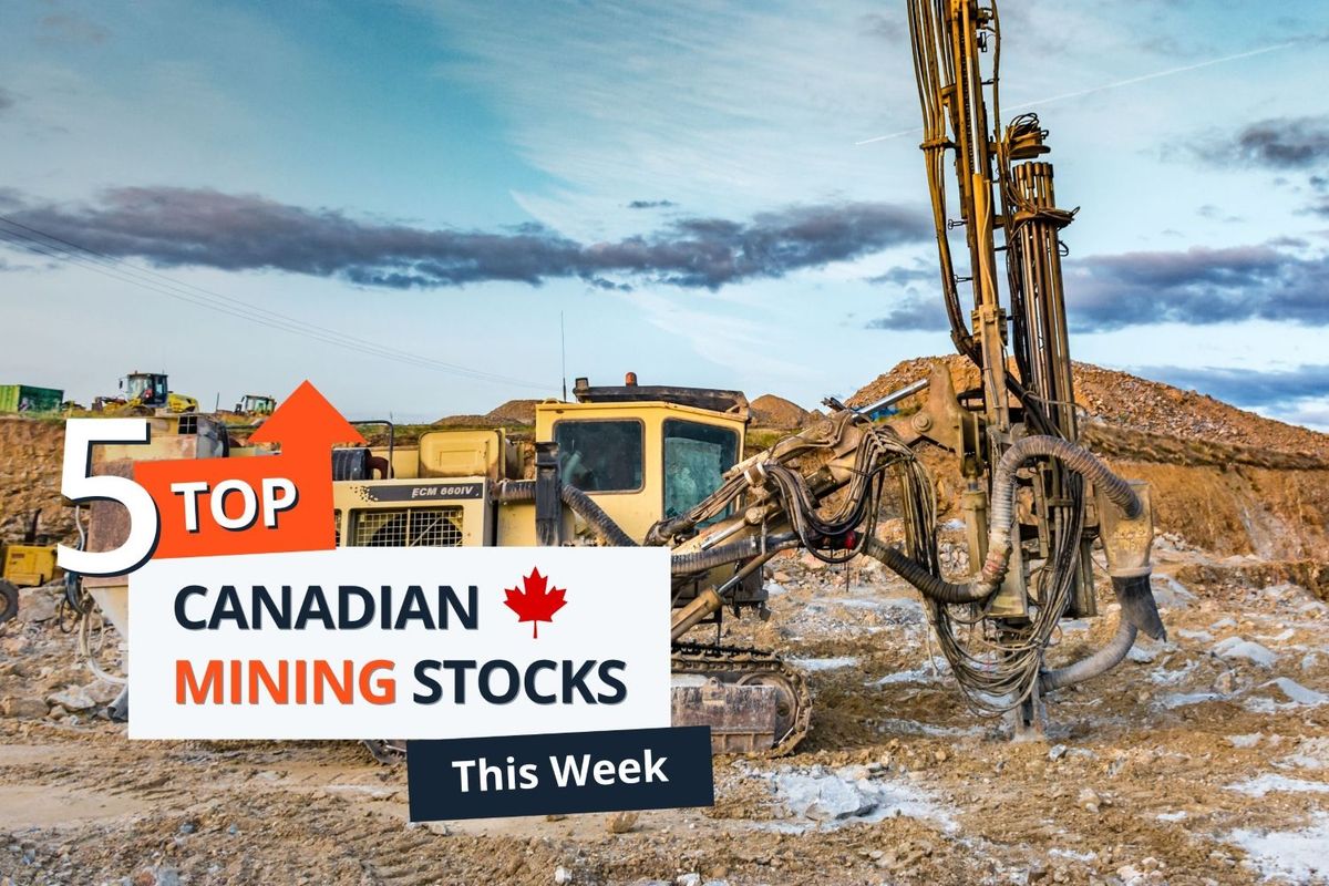 Drill rig drilling ground at mine site with text reading '5 Top Canadian Mining Stocks This Week.'