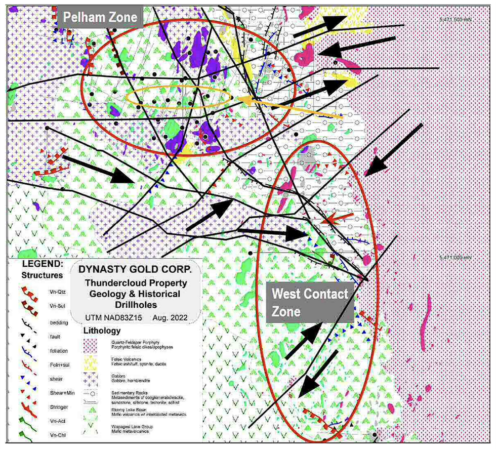 Dynasty Gold Thundercloud Property Geology and Historical Drillholes