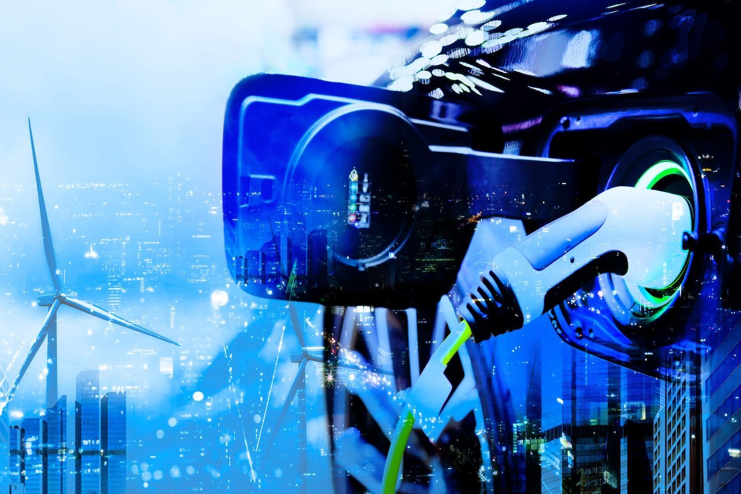 Electric car charging, wind turbine and cityscape double exposure.