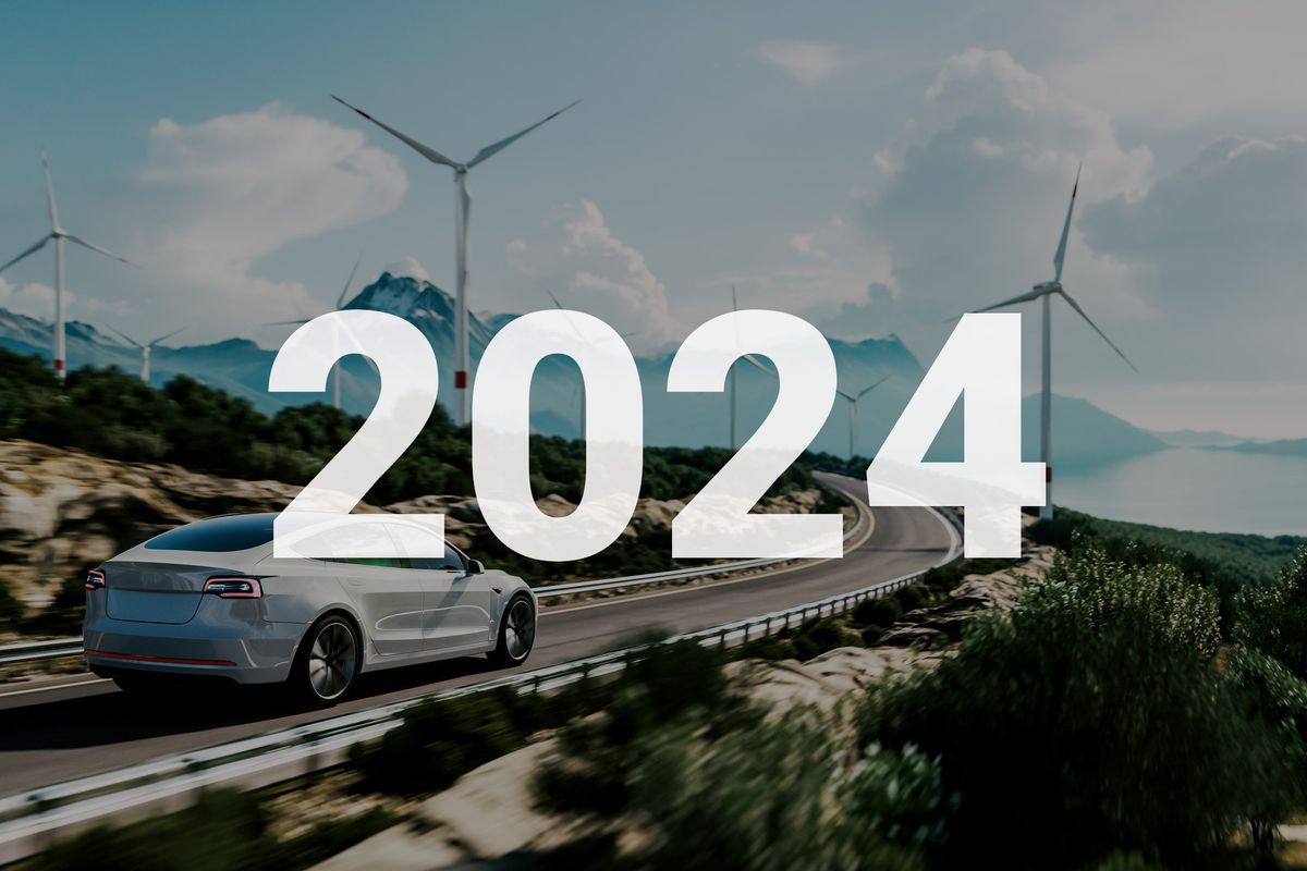 Electric car driving on a scenic highway with "2024" overlay. 