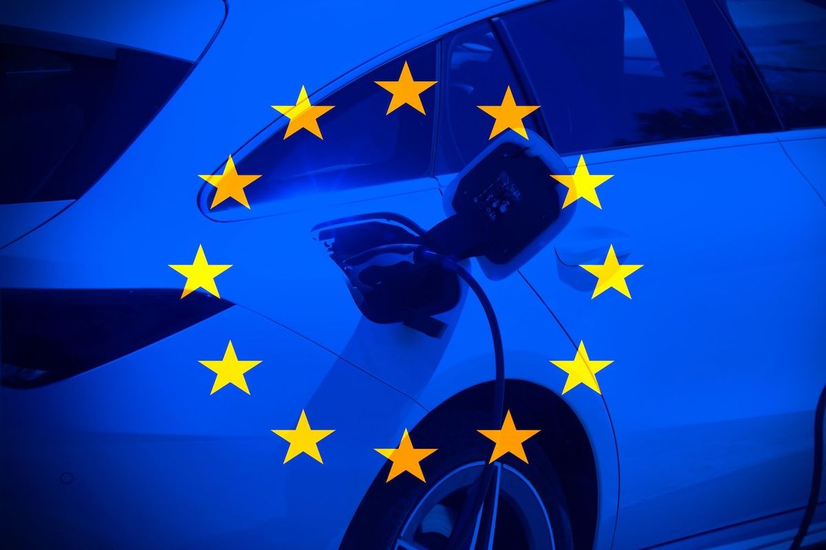 Electric vehicle with EU flag overlayed.