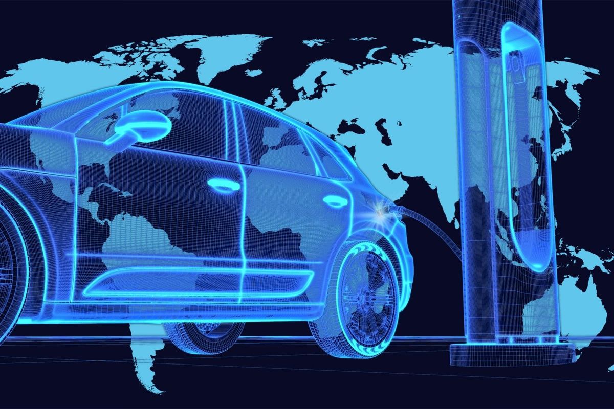 Electric vehicle with world map behind it.