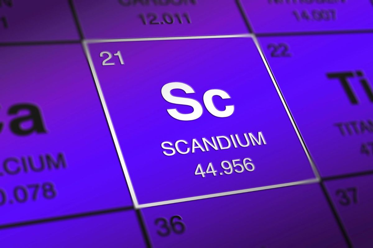Element Scandium on periodic table, atomic number 21, atomic weight 44.956, in purple.