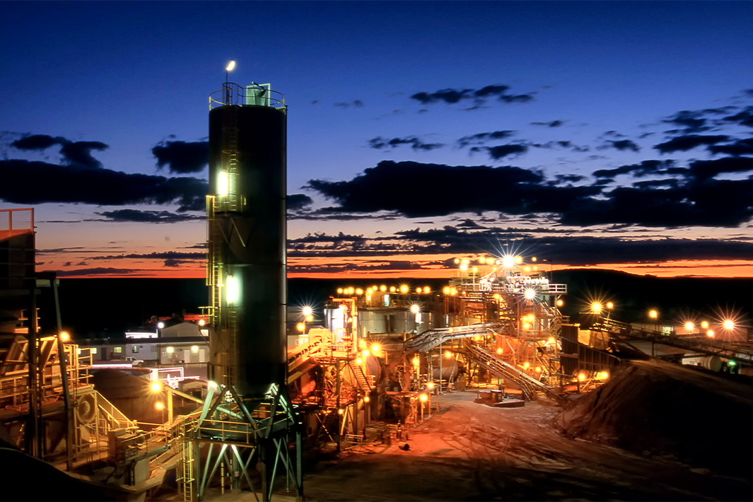 Elevated view of gold mine processing plant.