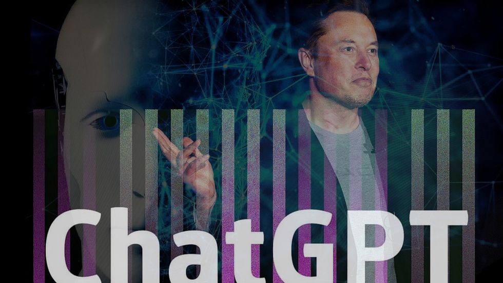 Elon Musk behind the word "ChatGPT" as well as an image of AI technology.