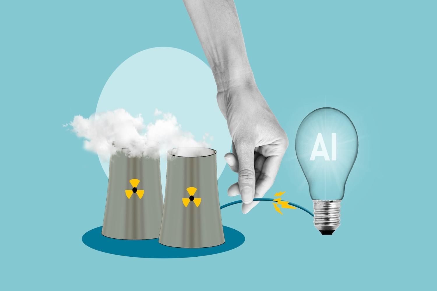 Energy concept: hand connecting nuclear power plant to AI light bulb.