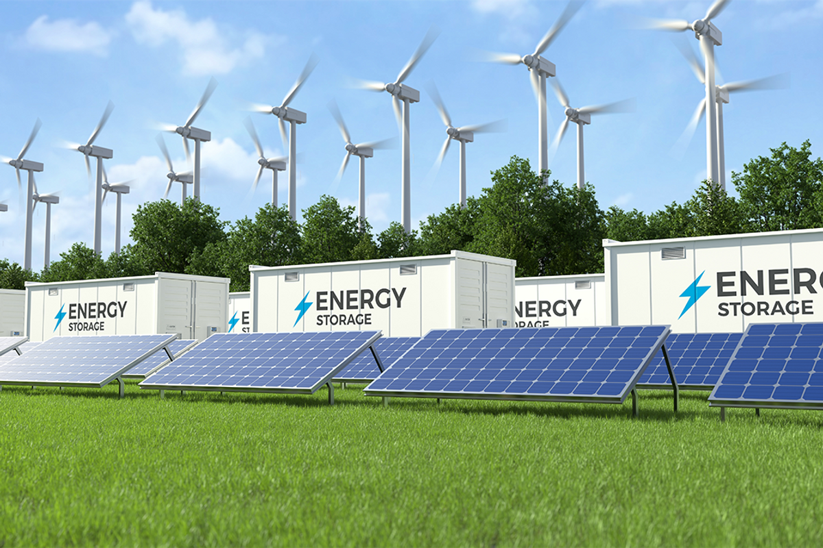 Energy storage systems with wind turbines and solar farms.