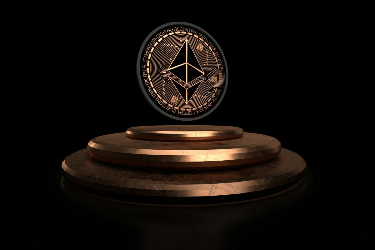 Ethereum coin floating above copper podium on dark background.
