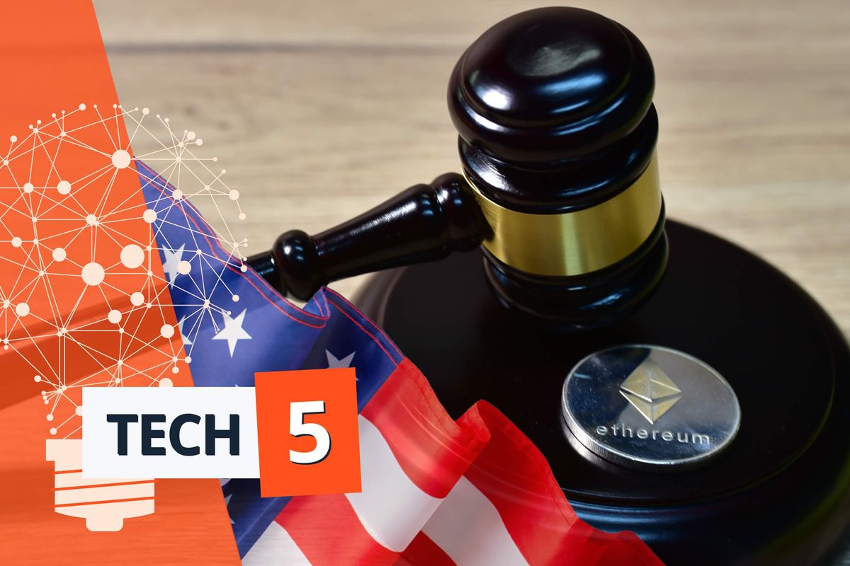 Ethereum coin, US flag and gavel. 
