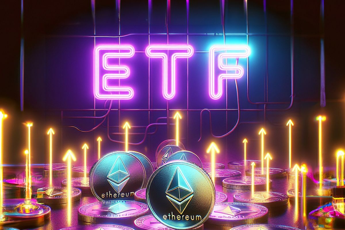 Ethereum coins in front of the letters "ETF."