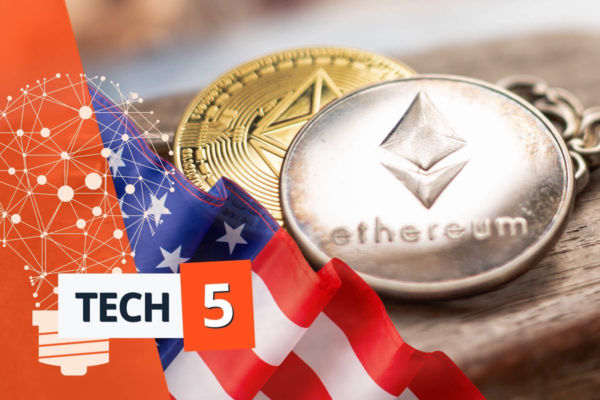 Ethereum coins, US flag.