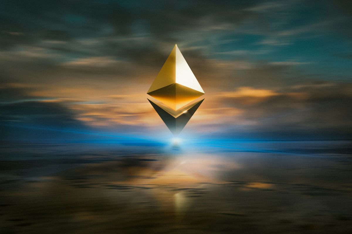 Ethereum logo floating over reflective water with a sunset sky in the background.
