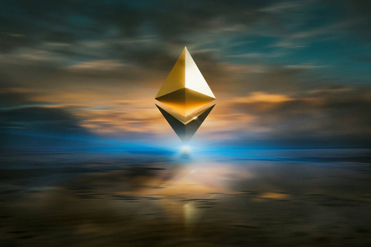 Ethereum logo floating over reflective water with a sunset sky in the background.