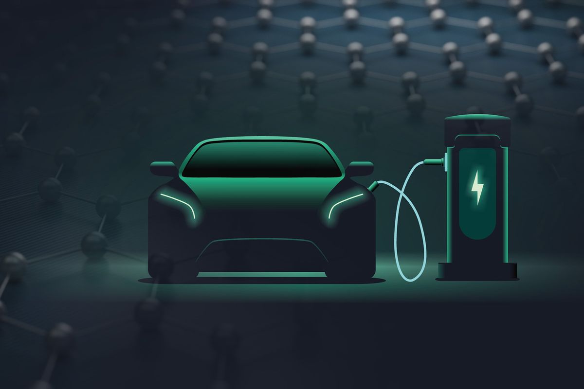 EV car in front of graphite molecules.