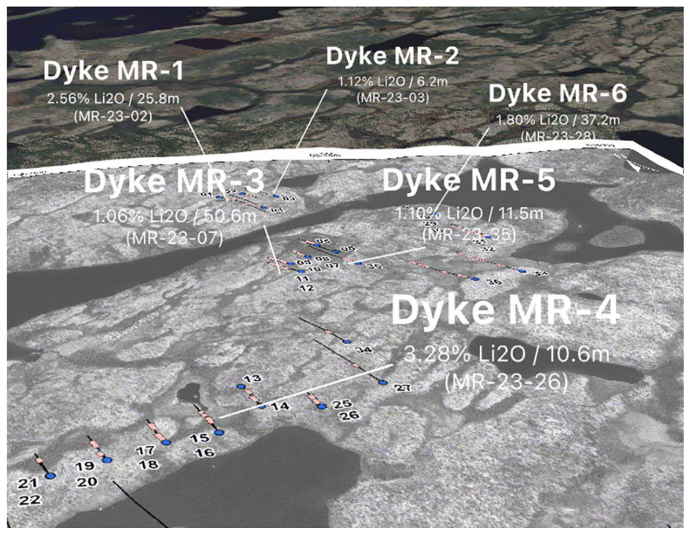 Extensions of known pegmatite dykes at Brunswick Exploration's Mirage project