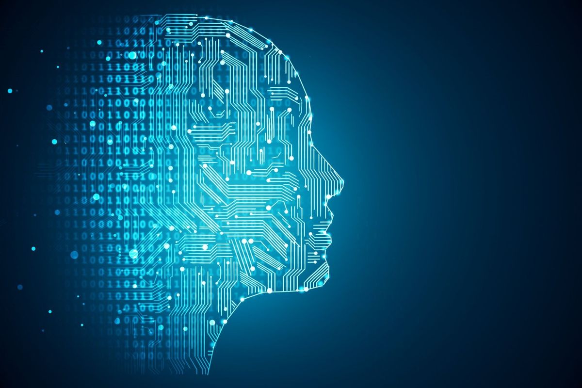 Face in profile made of binary code and circuitry lines.
