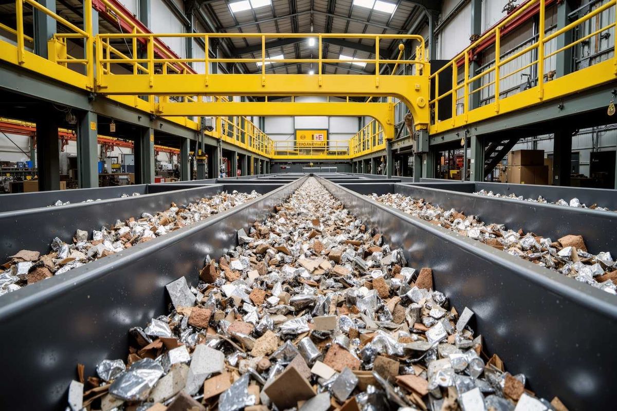 Factory interior with conveyors sorting rubble and metallic waste.