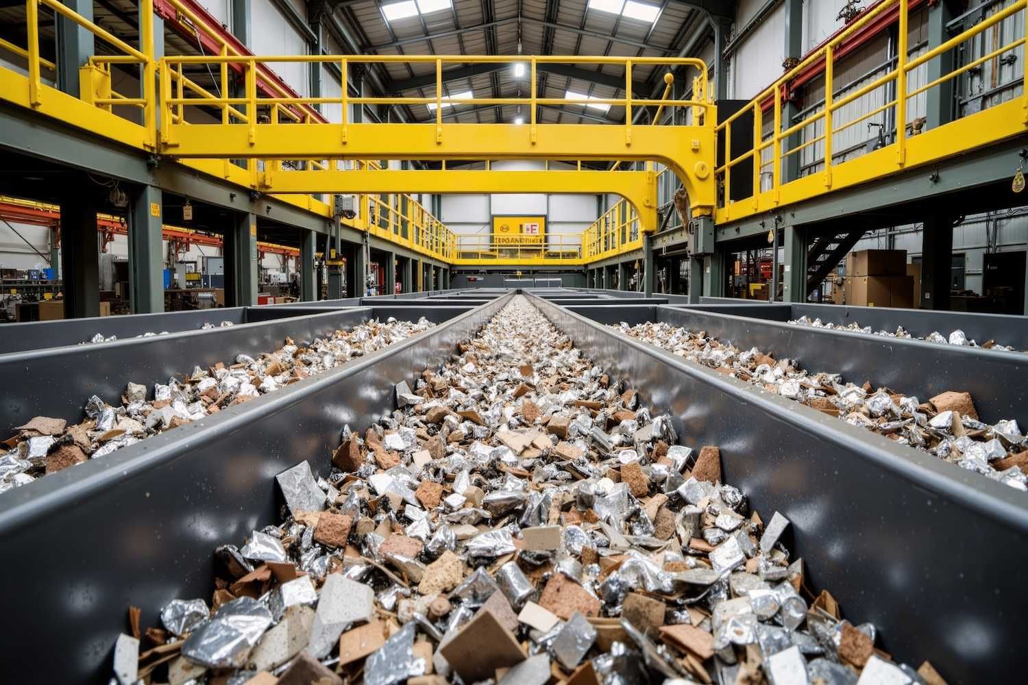 Factory interior with conveyors sorting rubble and metallic waste.