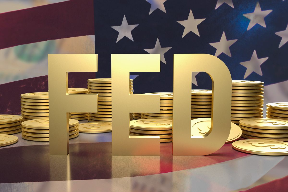 "fed" written in gold font, american flag, gold coins