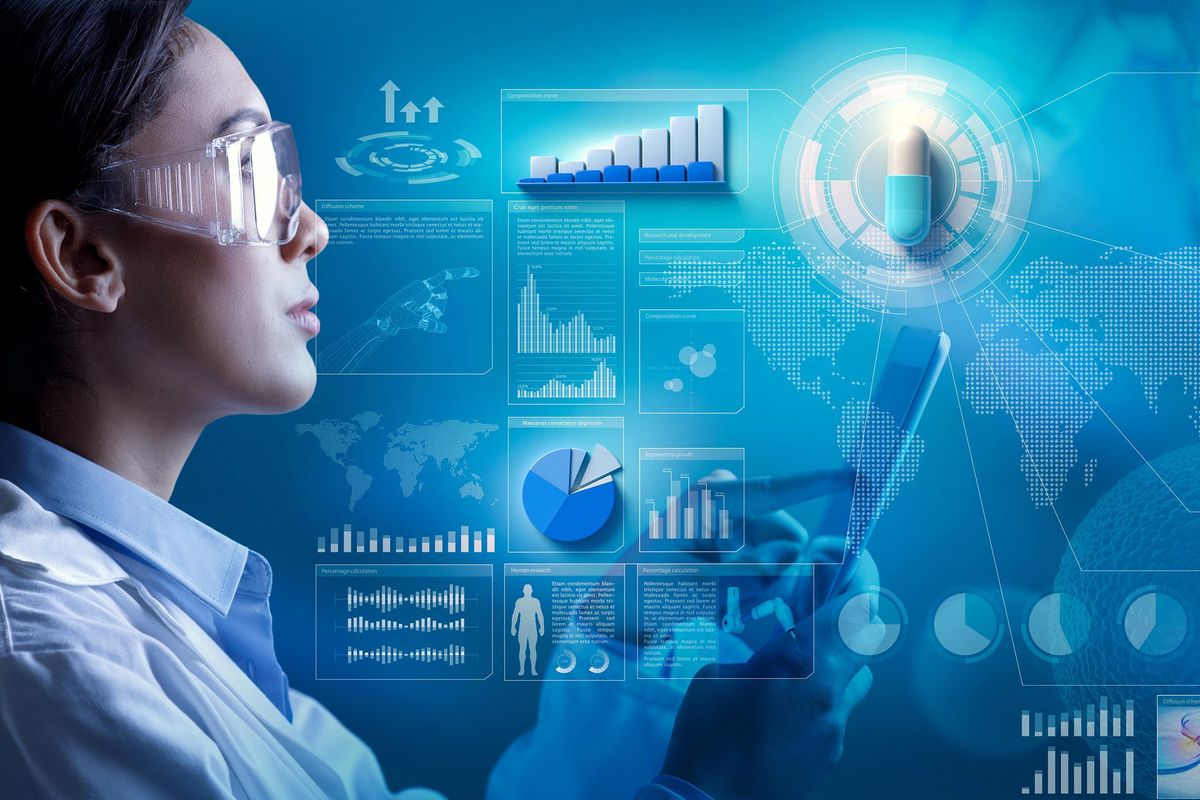 female doctor tapping on digital tablet against scientific blue background with capsule, diagram, chart and infographics