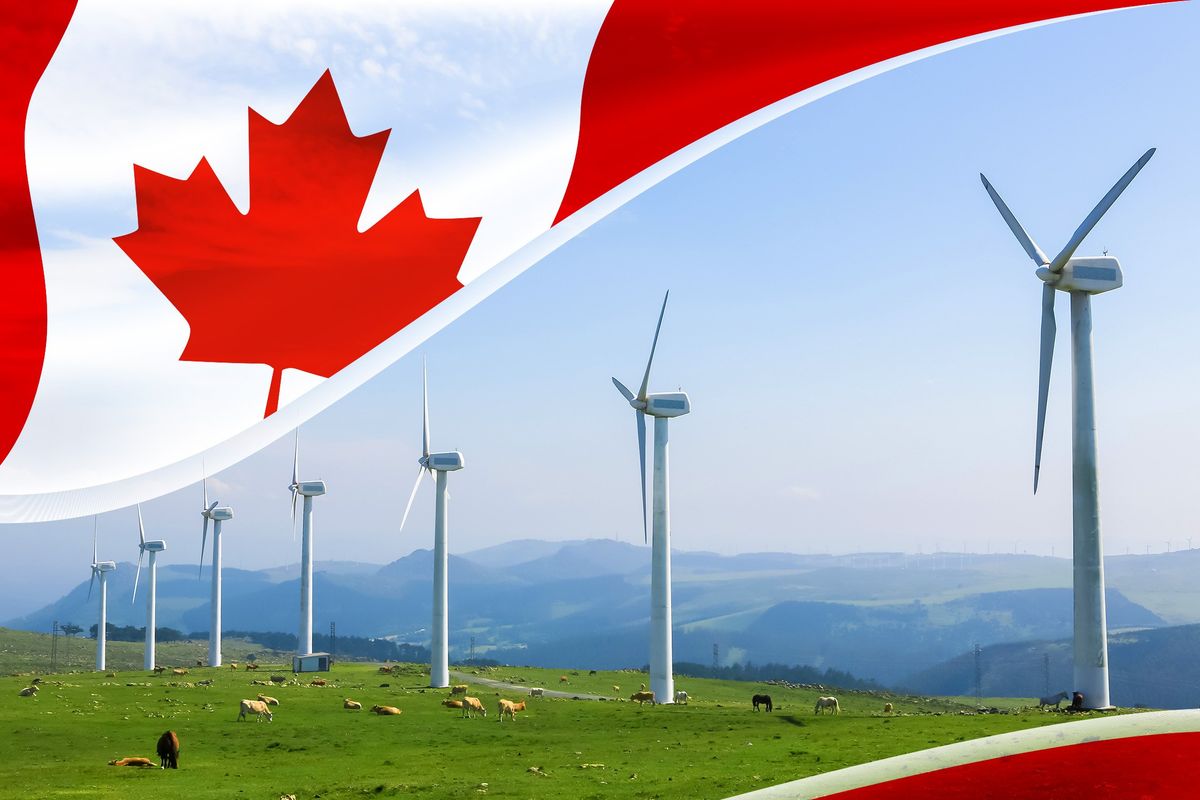 Field with windmills overlayed by Canadian flag.