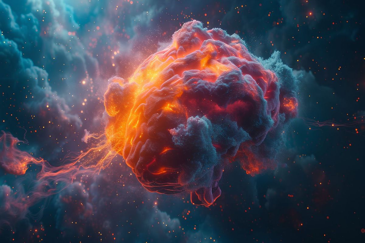 Fiery nebula-like cloud in space, glowing with vibrant orange and blue hues.