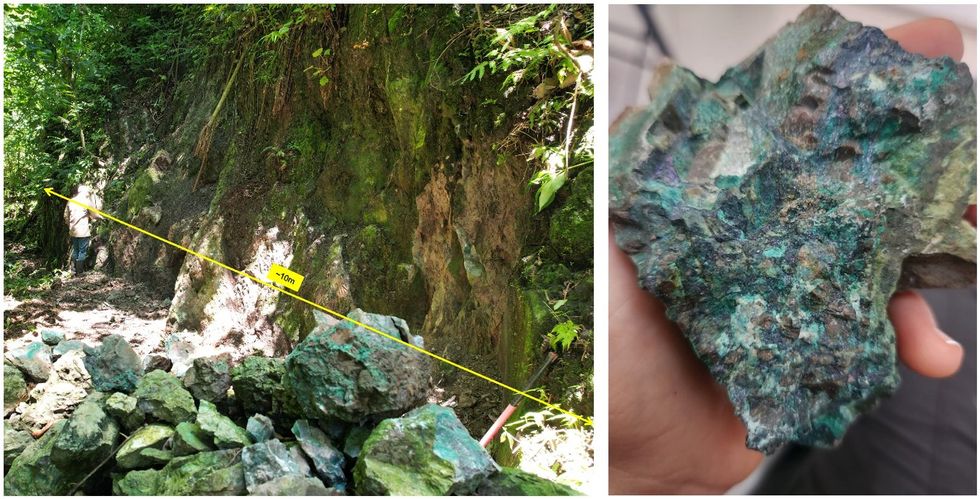 Figure 1: Images of Outcrop at Target AM-08 and rock specimen with primary copper minerals Chalcocite and Malachite